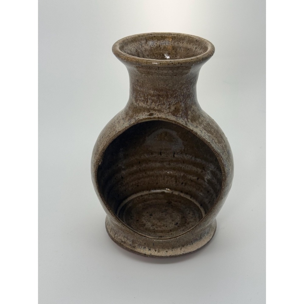 Vintage Hand made rustic stoneware candle holder earthy colors heart notches